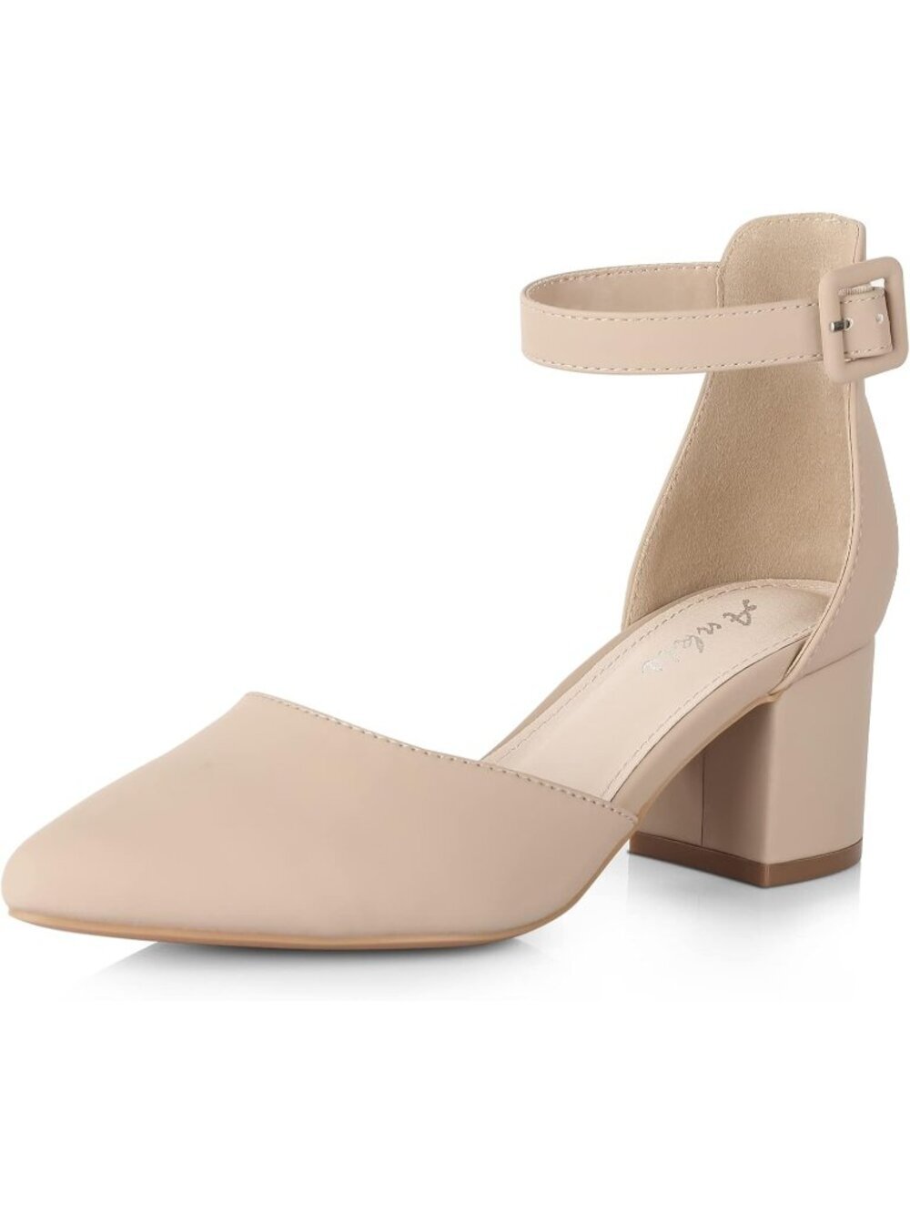 Ankis Womens Nude Nubuck Polyurethane Pointed Toe Low Block Chunky Heels 2.25 In